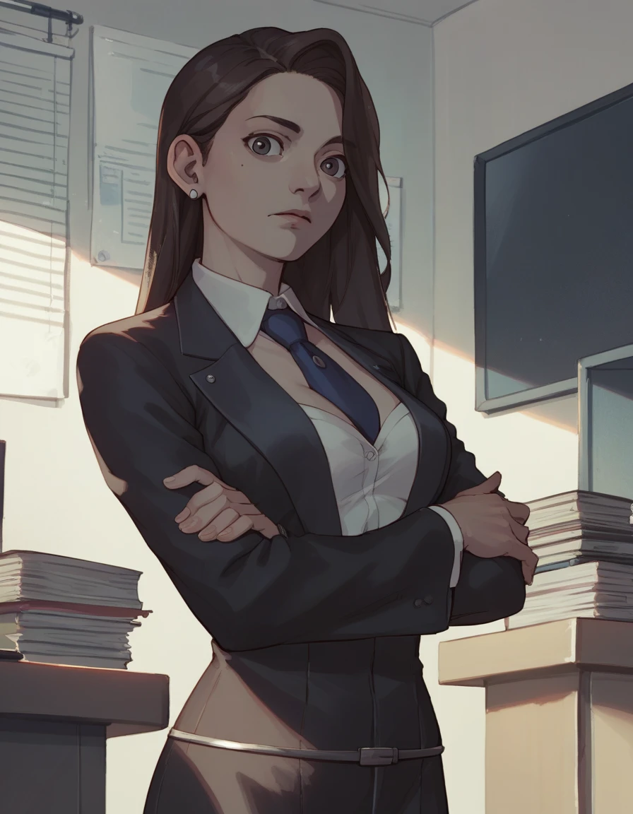 score_9, score_8_up, score_7_up, score_6_up, score_5_up, score_4_up,
aamia, black jacket, suit jacket, skirt suit, necktie, dress shirt
furrowed brow, shadow over face, crossed arms, looking at viewer, office.