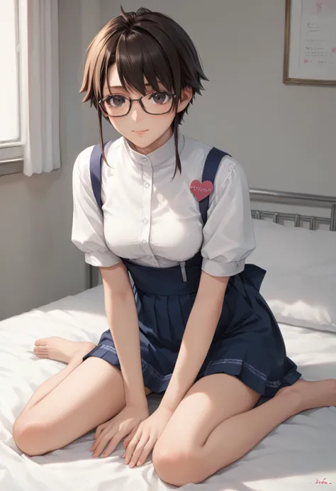 big boobed anime girl with glasses in bed, anime drawing by shitao, pixiv, sequential art, a hyperrealistic school girl, hyperre...