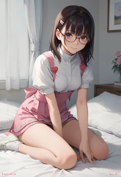 big boobed anime girl with glasses in bed, anime drawing by shitao, pixiv, sequential art, a hyperrealistic school girl, hyperre...