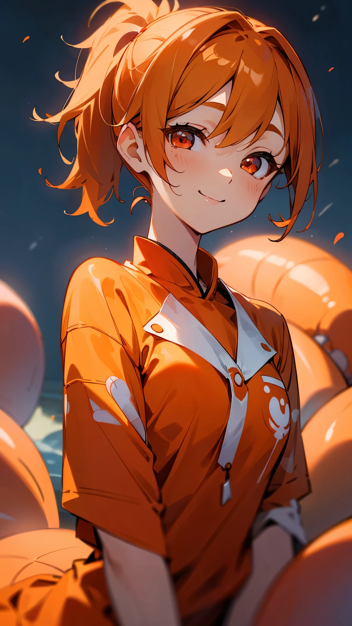 One Young Woman、alone、Orange blouse shirt、Orange Hair、Side Ponytail、Beautiful red eyes、A gentle gaze、smile、Upper body close-up、Shrimp mascot、Delicate contours、Under the moonlight、Background Blur