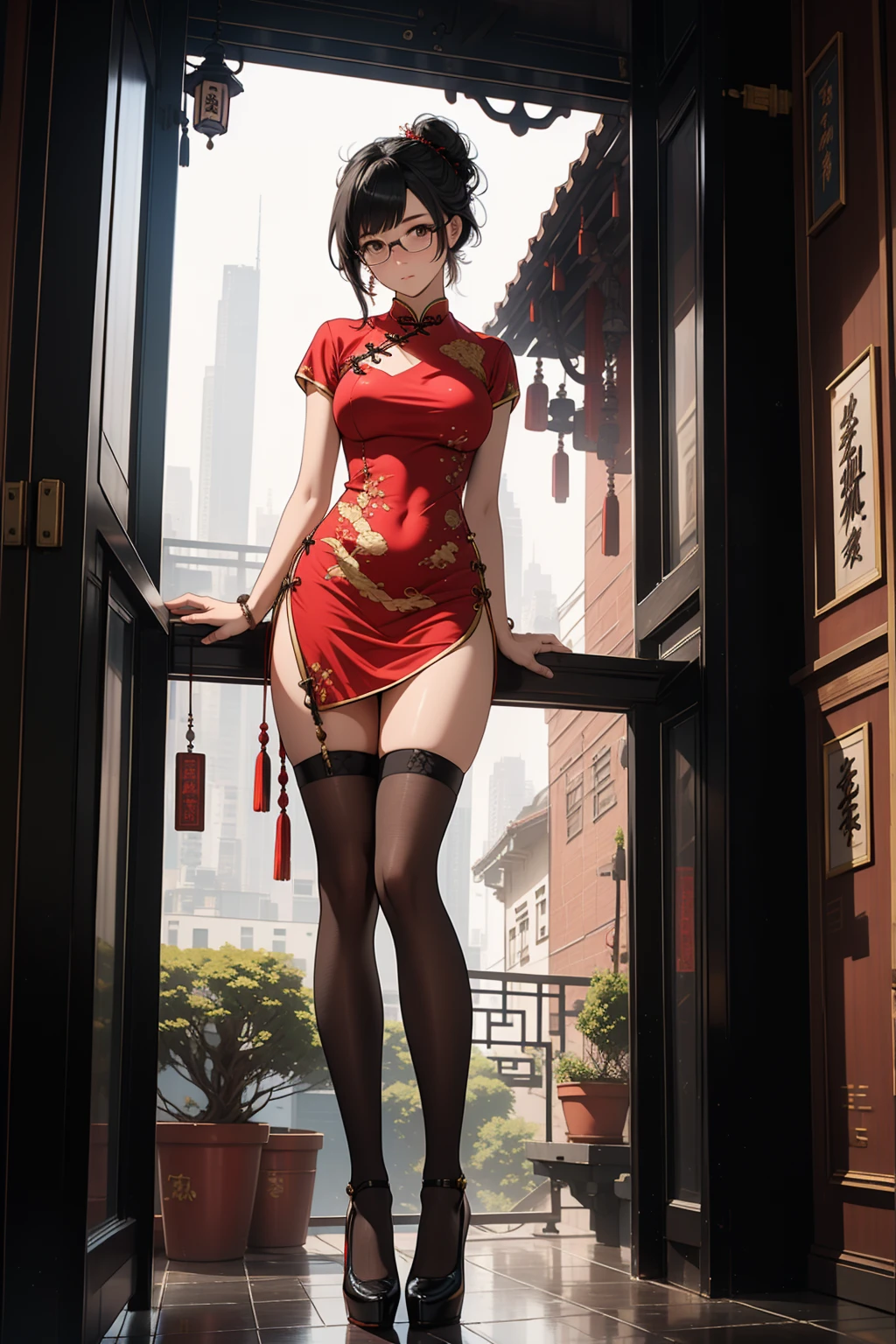 1 girl, black updo hair, glasses, tall girl, large breast, wearing traditional red and black cheongsam , standing, outside balcony house, fullbody shot,, curios face, detail eyes, detail face, blushing, standing on floor, 