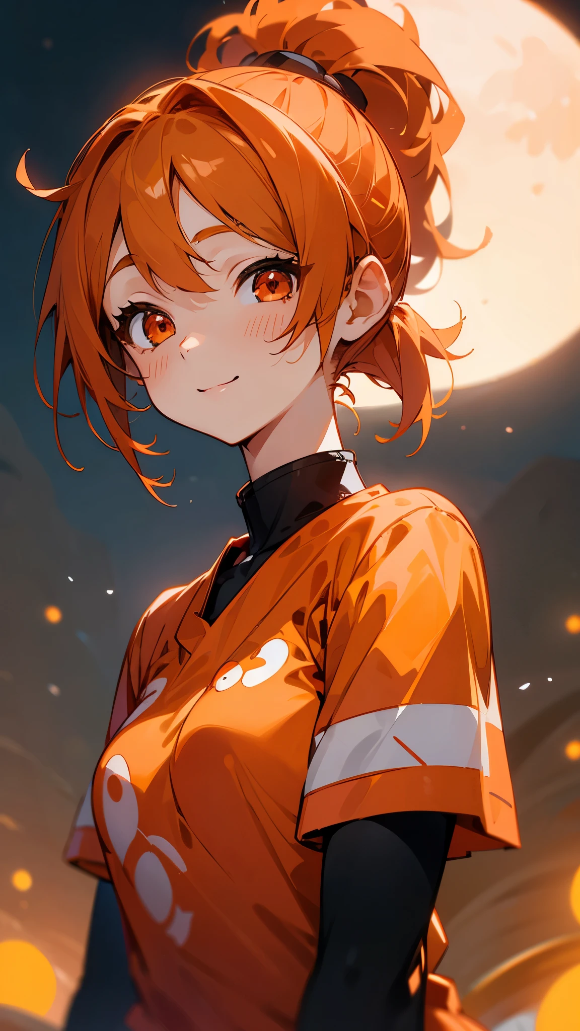 One Young Woman、alone、Orange blouse shirt、Orange Hair、Side Ponytail、Beautiful red eyes、A gentle gaze、smile、Upper body close-up、Shrimp mascot、Delicate contours、Under the moonlight、Background Blur