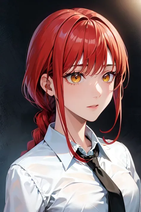 (highest quality)、(highest quality)、makima、expressionless、strong redhead、suit、braid、