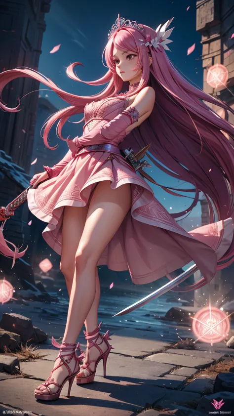 first place girl,long flowing pink hair,head ornaments,mid-chest,pink lace dress,chest gem,steel armor gloves,steel high heels,....