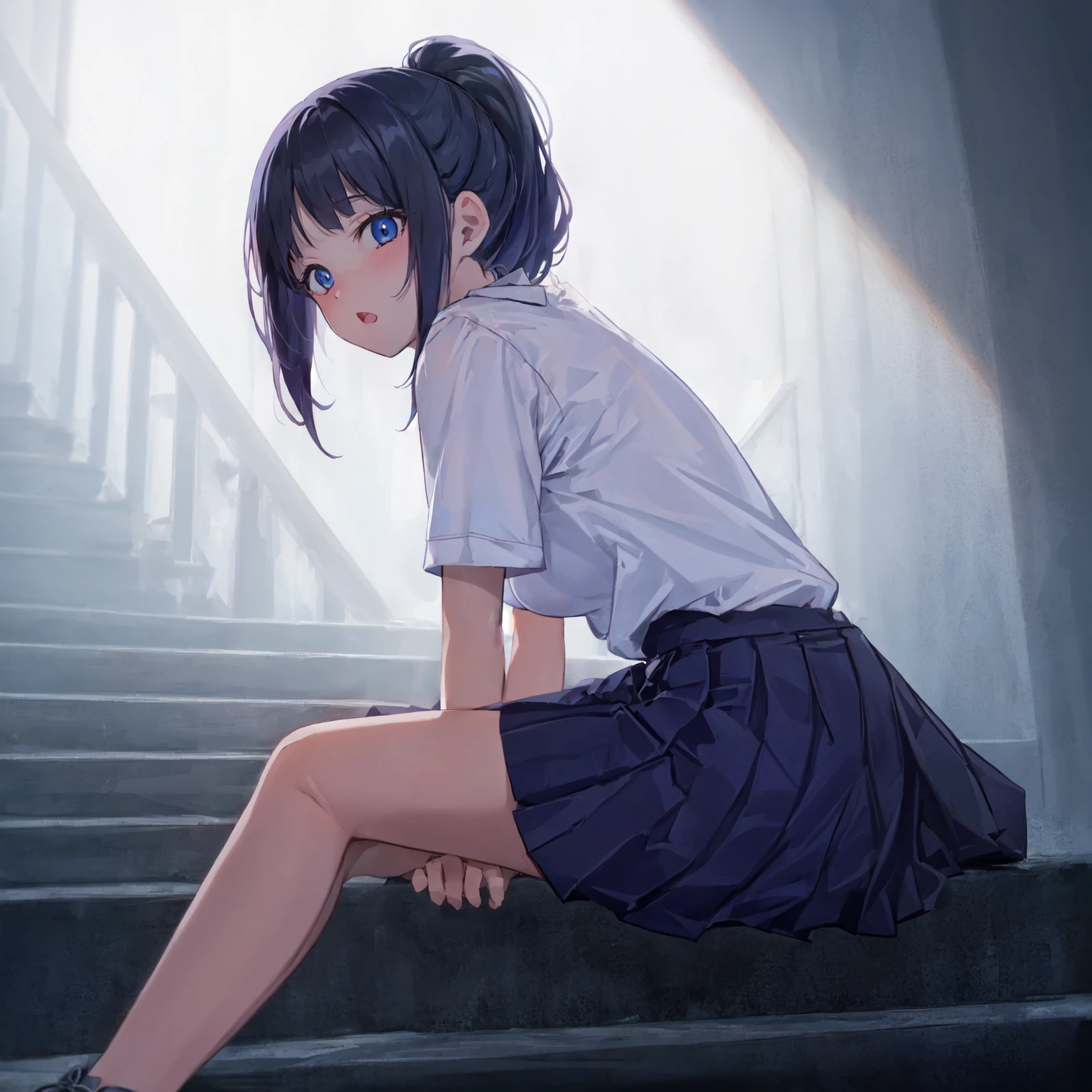 (Pencil Art:1.3),masterpiece, Highest quality,pastel colour,upskirt,low-angle view,Voyeur,butt focus,high quality panties,blue polo shirt,dark grey pleated skirt,station stairs,sneakers,embarrassed, (Masterpiece:1.5, Best Quality),Lower ponytail, {{black hair}} , (Depth of Field),{{beautiful medium size breasts1:4}},{{beautiful blue eye1:4}},photorealistic 1;4, high quality pink panties, top quality, {{beautiful butt}}, cute girl, high quality background, BREAK, BREAK, 5 fingers