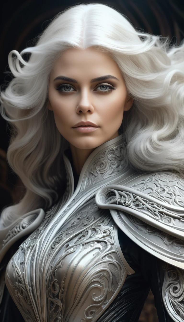 portrait, beautiful woman, white hair, ornate dress, (long hair in waves like smoke):0.85 , confident expression, detailed, 16k, sf, intricate artwork masterpiece, ominous, matte painting movie poster, golden ratio, trending on cgsociety, intricate, epic, trending on artstation, by artgerm, h. r. giger and beksinski, highly detailed, vibrant, production cinematic character render, ultra high quality model:1