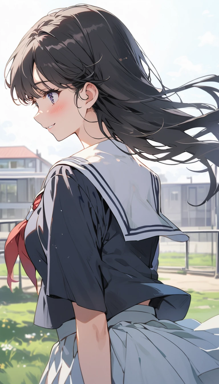 high school girl　beauty　Black Hair　smile　Embarrassing　blush　Black Sailor Suit　The wind flips up my skirt　Striped underwear　tits　Back view　Butt　Strong winds　Schoolyard　Photograph the whole body