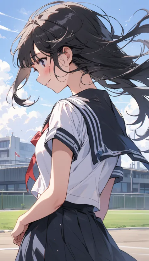 high school girl　beauty　black hair　smile　embarrassing　blush　black sailor suit　the wind flips up my skirt　striped underwear　tits　...