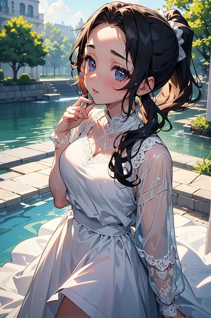 ((((High resolution, Intricate details, masterpiece, 8k, from front)))), (((beautiful, White dress, lace, Sweatをかいている, Wet Skin))), ((One Woman, Expressionless, Red cheeks, slender)), (Black Hair, Beautiful forehead, Long Hair, ponytail, Glowing Skin, Sweat), from front, looking at viewer, look at viewer, noon, outside, sunlight, bright