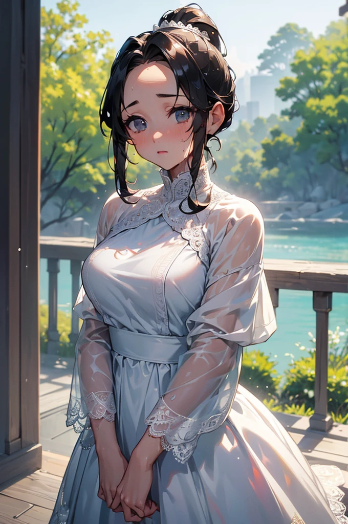 ((((High resolution, Intricate details, masterpiece, 8k, from front)))), (((beautiful, White dress, lace, Sweatをかいている, Wet Skin))), ((One Woman, Expressionless, Red cheeks, slender)), (Black Hair, Beautiful forehead, Long Hair, ponytail, Glowing Skin, Sweat), from front, looking at viewer, look at viewer, noon, outside, sunlight, bright