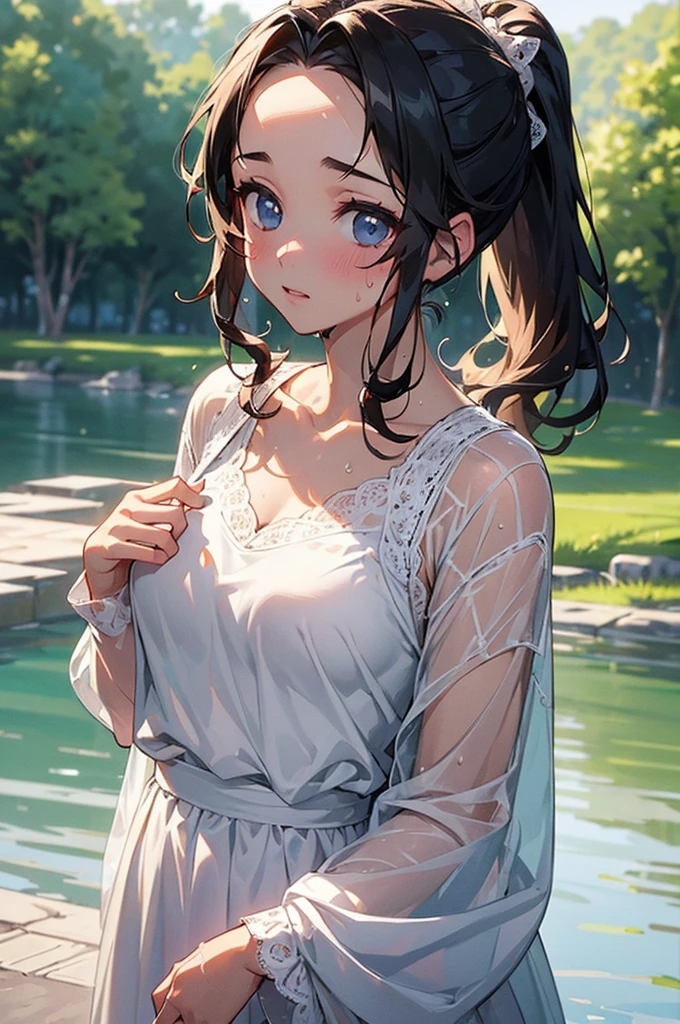 ((((High resolution, Intricate details, masterpiece, 8k, from front)))), (((beautiful, White dress, lace, Sweatをかいている, Wet Skin))), ((One Woman, Expressionless, Red cheeks, slender)), (Black Hair, Beautiful forehead, Long Hair, ponytail, Glowing Skin, Sweat), from front, looking at viewer, look at viewer, noon, outside, sunlight, bright