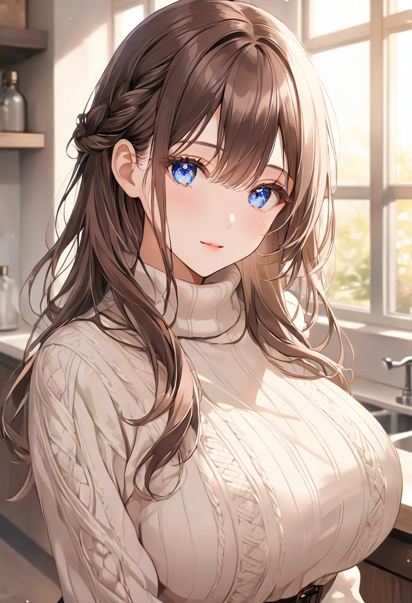 masterpiece, best quality, ultra detailed, detailed eyes, sparkling eyes, (huge breasts:1.4), The image is depicting a young woman with long, dark brown hair. Her hair has soft waves and is styled with a small braid on one side, adding a delicate touch. She has vibrant blue eyes that are wide and expressive, with a slight sparkle, contributing to her overall gentle and welcoming expression. Her skin has a soft, warm tone with subtle blush on her cheeks, emphasizing her friendly and approachable demeanor. She is wearing a light-colored, cozy-looking turtleneck sweater with a cable-knit pattern. The material of the sweater appears thick and warm, giving off a casual yet elegant vibe. The background of the image suggests that she is standing in a well-lit, modern room, possibly a kitchen, as there are cabinets and a window in the background. Sunlight streams through the window, adding a soft, natural light to the scene, which further enhances the warm and serene atmosphere. The overall style of the image is reminiscent of modern anime or manga art, characterized by clean lines, soft shading, and a focus on the character's facial expression and eyes.