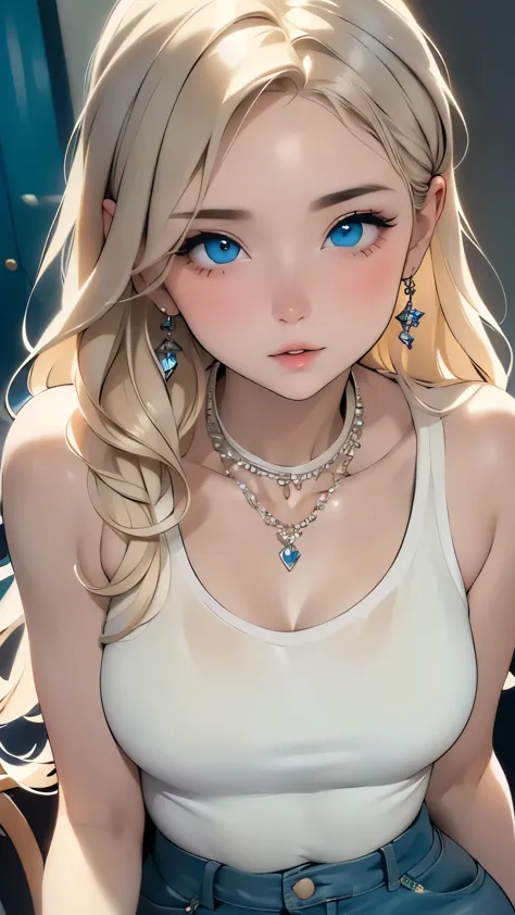 ((super high quality)), ((masterpiece)), gnome girl, low length, ((blonde woman, long hair)), (silver earrings), (silver necklac...