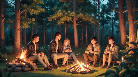 make a picture of a handsome boy in his 20s, casual jacket, with his friends in the forest, lighting a campfire