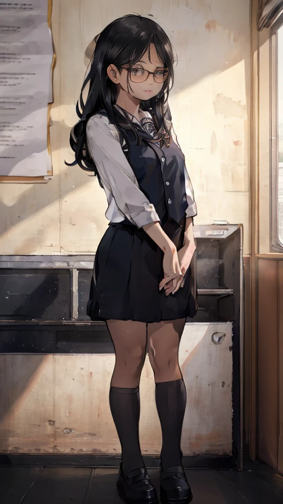 summer、empty classroom、thick、Sweat、、high school girl、Low length、(((Long black hair:1.2　hair band)))(((Black-rimmed glasses:1.2　black eye)))、Backlight、evening、Nostalgic atmosphere、Look at this、High position、Full Body Shot、glamorous、Checked mini skirt、Navy knit vest、loafers、Skirt flip、avert your eyes、Plump thighs、(((Front view))), Beautiful details, 16K, Absurd, masterpiece, Very detailed, beautiful girl, 