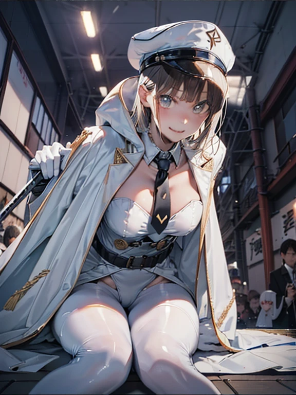 ruanyi0111, belt, white bodysuit, thigh boots, white gloves, katana, white cloak, sheathed, necktie,　
embarrassed, seductive smile,
((best quality)), ((masterpiece)), (detailed), 1girl, sexly, ChinatsuKano, 
Doujinshi sales event,(crowd:1.5),(At the famous Comic Market in Japan), (many cosplayers show off their various cosplays), many People with cameras take pictures of them, 
(extreme close-up of thigh:1.5),  (The view is from very close below:1.5), Pushing hips forward,  (sitting), Open legs wide, spread legs, arms behind back,