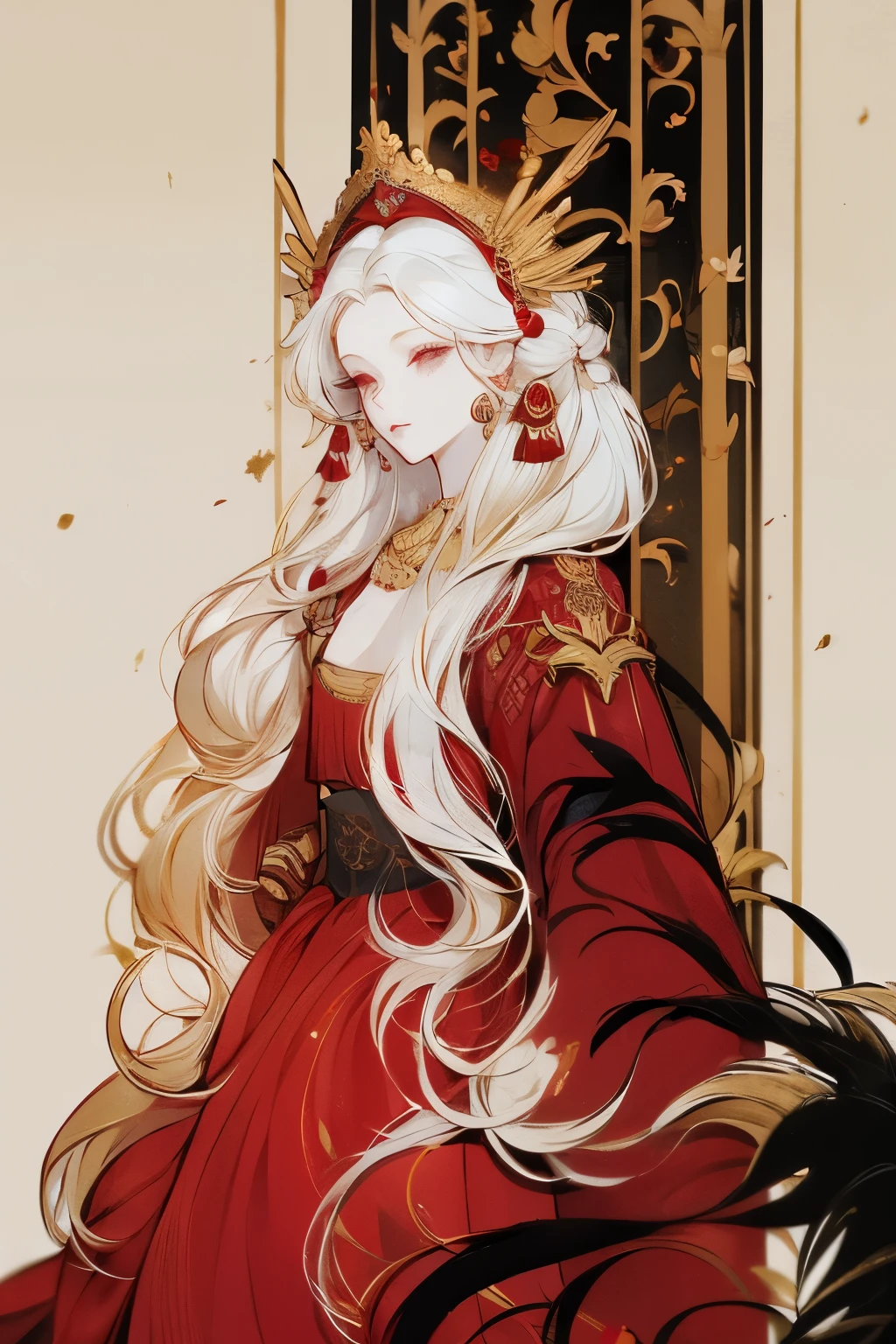 Girl with long white hair,Side Braid,Beautiful necklace, Targaryen women hairstyle,Beautiful gold headdress, Red and black dress