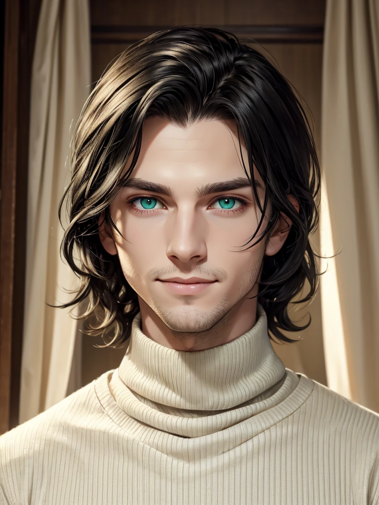 (best quality), 1boy, pale skin, black hair, medium hair, curtain hair, tousled hair, green eyes, perfect eyes, dark circles under eyes, handsome, light smile, attractive, turtleneck sweater, masterpiece, anatomically correct, highres
