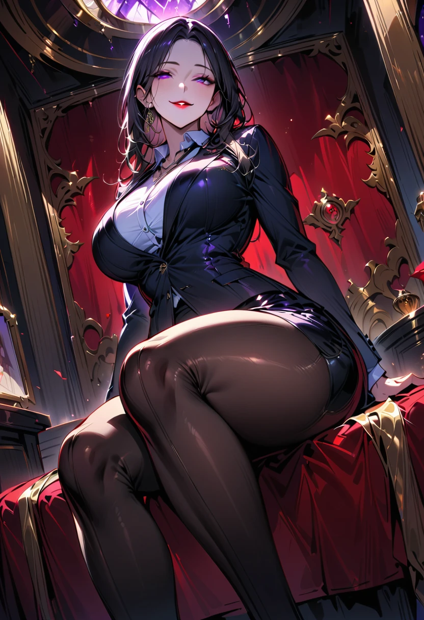 Mature beautiful woman,(Highest quality,Extremely detailed depiction,Incredibly absurd high resolution,Anatomically accurate depiction,Curvy Legs,Shiny skin,Porcelain-like skin),(Office Lady,An excellent female secretary,Villainess),(business suit,Tight Skirt,Formal Shirt,Black Pantyhose,Luxurious accessories),eyelash,(Purple eyes,Detailed pupil,Half-closed eyes:1.3,Large Breasts,Wicked Smile,lustrous red lips,Sitting,Seductive gestures),whole body,(background:In the office),（View from below:1.3）