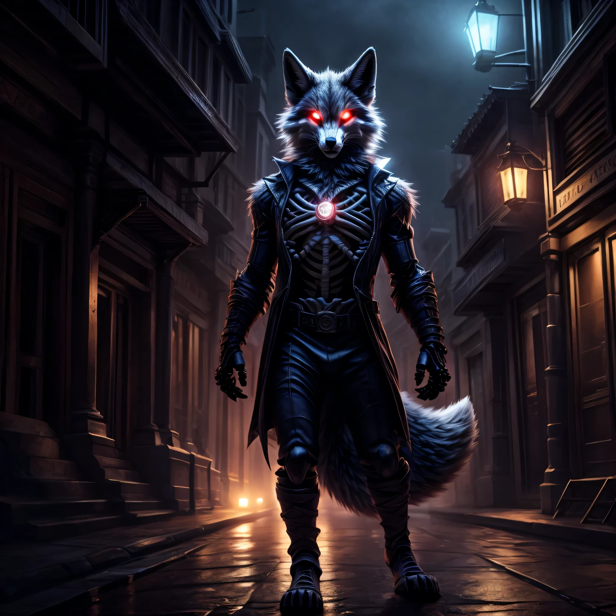 Cinematic, alone, skeleton fox, furry, glowing eyes, on a foggy street, at night