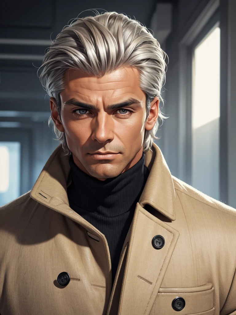 (best quality), 1boy, mature man, tanned skin, silver hair, medium hair, hair loosely combed back, brown eyes, perfect eyes, muscular, handsome, cold expression, black turtleneck, coat jacket, clean shaven face, masterpiece, anatomically correct, highres
