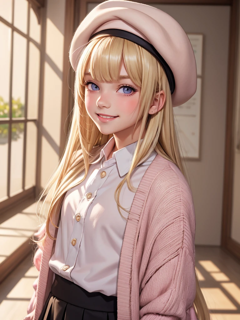 (best quality), 1boy, male, femboy, cute face, porcelain skin, blonde hair, straight hair, long hair, swept bangs, beret, cardigan, skirt, brown eyes, perfect eyes, smile, blush, pink lips, masterpiece, anatomically correct, highres
