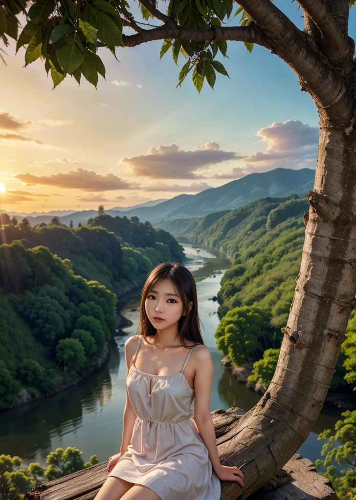 A girl sitting on the branch of a huge tree、Girl in a night dress、Japanese girl、Beautiful body、The view from high up in the treetops、The river flows、Sunset over the mountains in the distance、Photorealistic、Detailed depiction、Create a sense of atmosphere、8k,16K、In detail