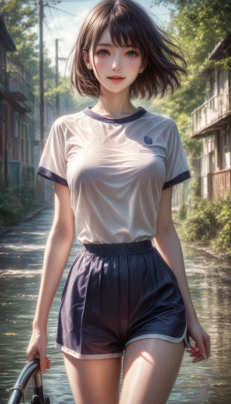 score_9, score_8_up, score_7_up, ,realistic, hyper realistic,source_anime, best quality, masterpiece, official art, absurdres, highres, ultra-detailed,waifu2x,Collection: Slice of Life,break,1girl, 15yo, short hair, idol face, school girl, breasts, beautiful (well-shaped) breasts,beautiful detailed eyes, sweat, gym shorts, light smile, pose, outdoors,  (Detailed Lighting), (Detailed background),break,(detailed eyes and face and breasts:1.2), super detailed skin,very high resolution, very aesthetic, Best sexual lighting powered by famous artist, 8k, 16k, Raw Photo,award winning sexual portrait,photoshop_(medium),,(Detailed Lighting),best photo 8k konachan wallpaper, 