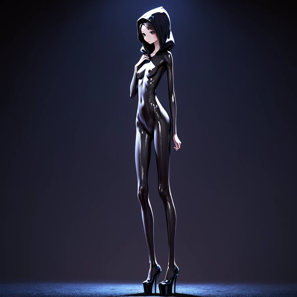 high, tall very thin, skinny narrow girl., in black body paint and with a hood. naked , oily, highly shiny body on a very dark night, little lighting at dusk, dark. on high heel platform, beautyful body