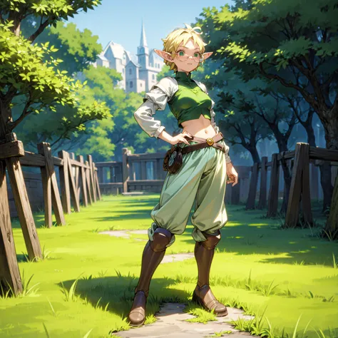 solo character, full body version, young girl, (elf), green eyes, blonde color hair, short hair, white crop top clothing, brown ...