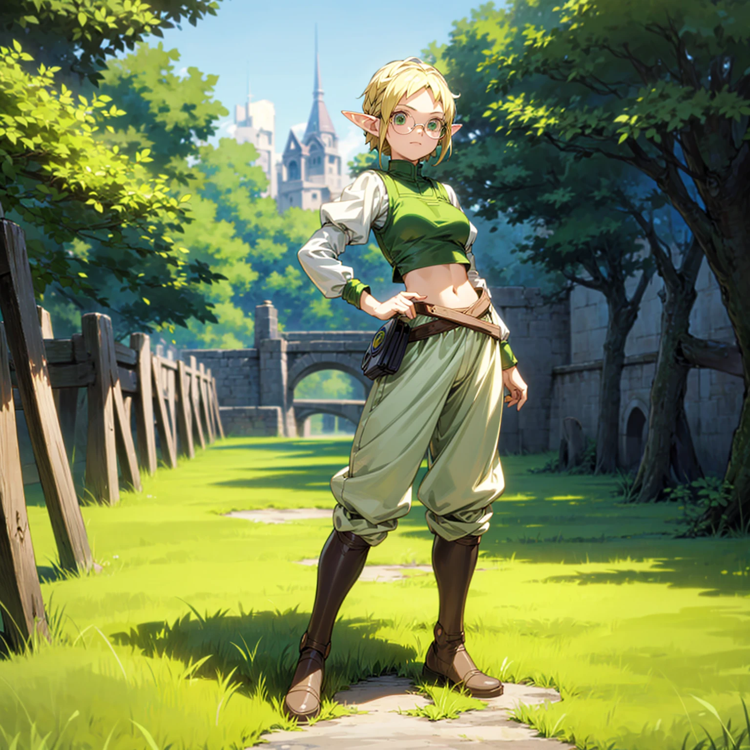 Solo character, full body version, young girl, (elf), green eyes, blonde color hair, short hair, white crop top clothing, brown pants, shoes, outdoor, town, medieval, standing gesture, detailed background, detailed clothing, detailed hair, (Hunter x Hunter style art, Doraemon style art), happy, glasses, medium breast 