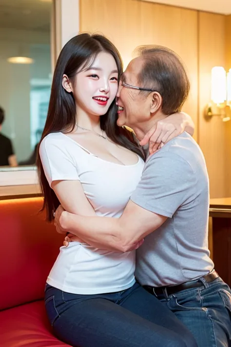 (((70 years old korean ugly man and 1 korean young girl couple))), {1 korean girl, 20-year-old, strikingly beautiful, black hair...