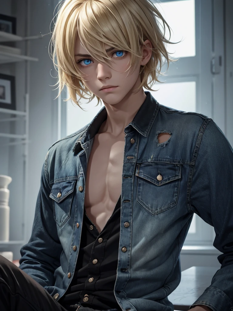 (best quality), 1boy, young boy, pale skin, (blonde hair), ((black ombre)), short hair, messy hair, messy bangs, hair over eyes, (dark blue eyes), perfect eyes, dark circles under eyes, scar over lip, scrawny body, scowl, cute face, oversized jacket, tattered shirt, ripped jeans, flat chest, masterpiece, anatomically correct, highres
