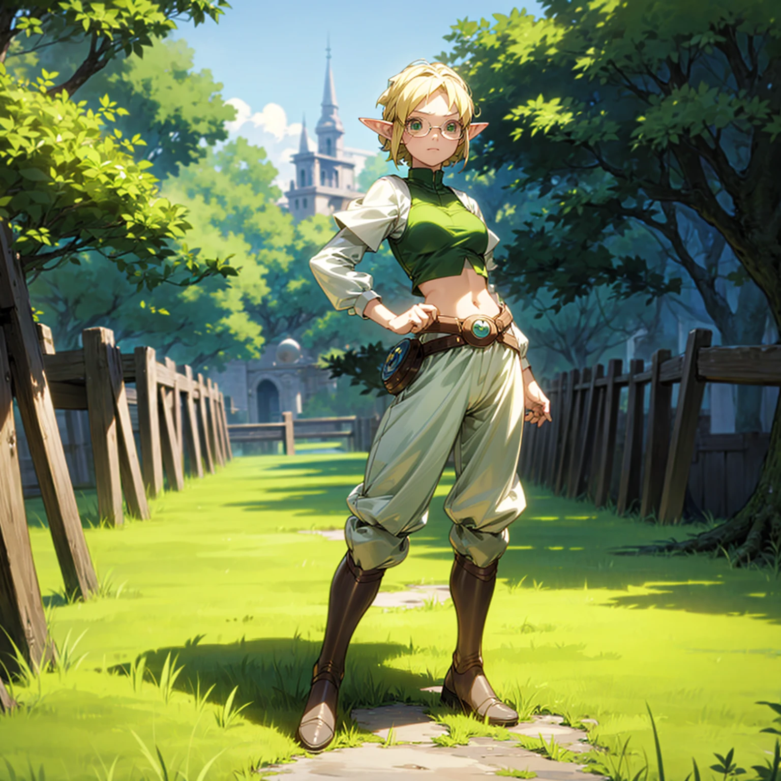 Solo character, full body version, young girl, (elf), green eyes, blonde color hair, short hair, white crop top clothing, brown pants, shoes, outdoor, town, medieval, standing gesture, detailed background, detailed clothing, detailed hair, (Hunter x Hunter style art, Doraemon style art), happy, glasses, medium breast 