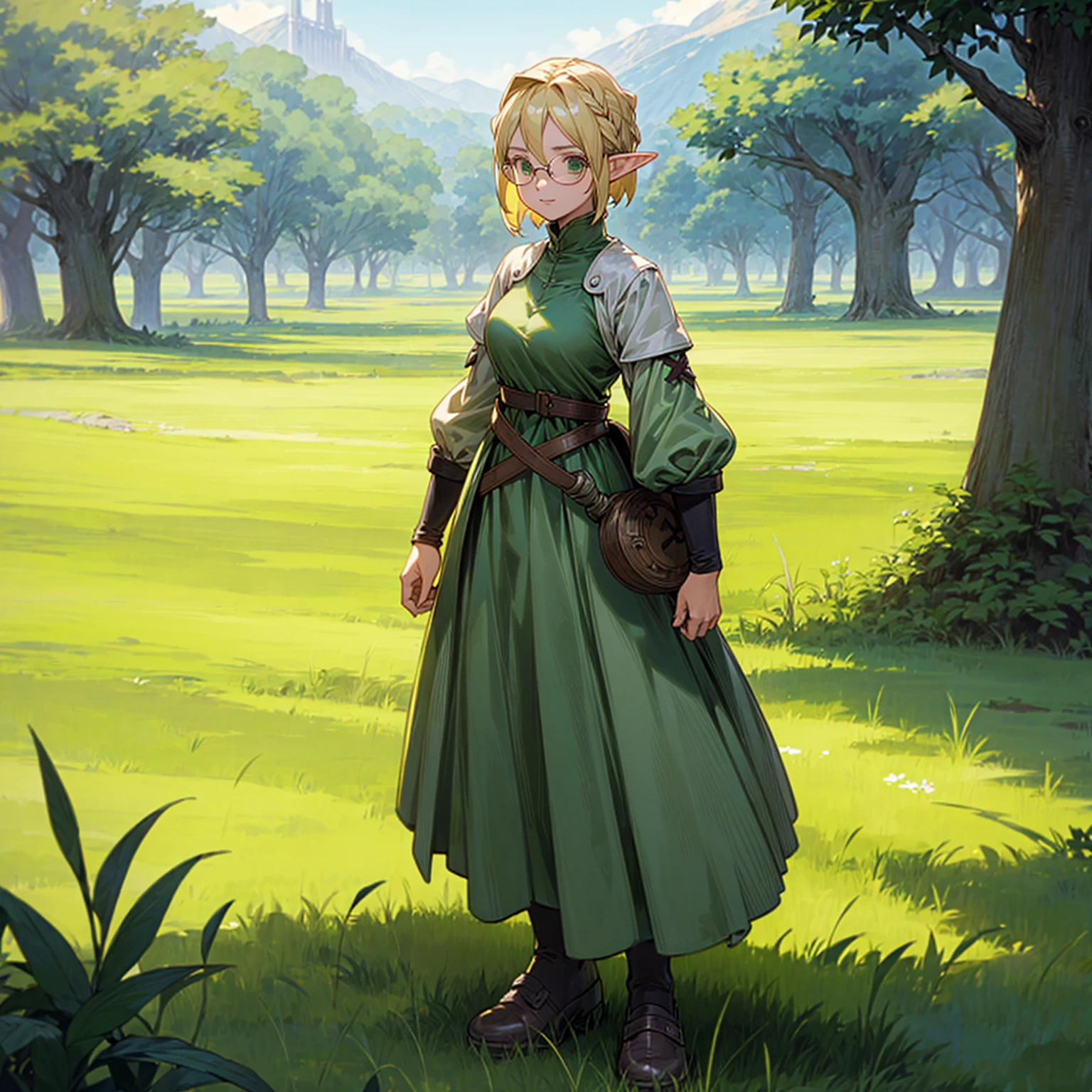 Solo character, full body version, old girl, (elf), green eyes, blonde color hair, short hair, long dress clothing, shoes, outdoor, field, Greenland, medieval, standing gesture, detailed background, detailed clothing, detailed hair, (Hunter x Hunter style art, Doraemon style art), happy, glasses, big breast,