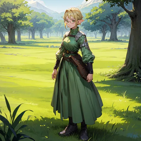 solo character, full body version, old girl, (elf), green eyes, blonde color hair, short hair, long dress clothing, shoes, outdo...