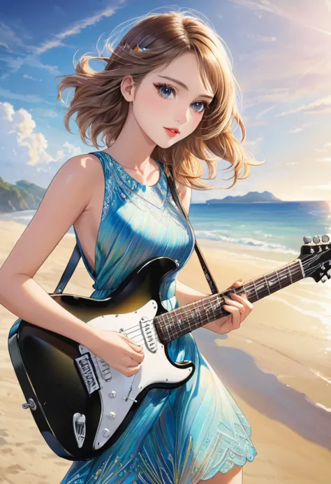 a beautiful woman in a sleeveless dress, elegant dress playing electric guitar, creative, stage at the seaside、art, colored penc...