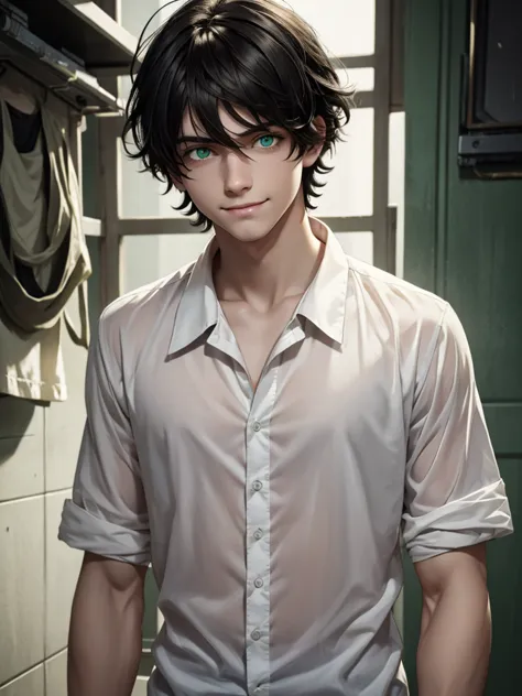 (best quality), 1boy, young boy, pale skin, black hair, medium hair, tousled hair, messy hair, bangs over eyes, green eyes, dark...