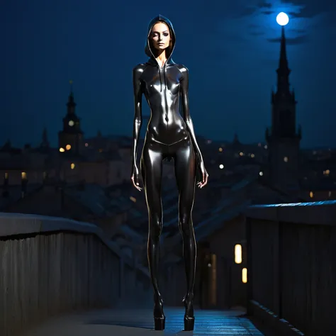 high, very tall. thin, skinny narrow girl., in black body paint and with a hood. naked , oily, highly shiny body on a very dark ...