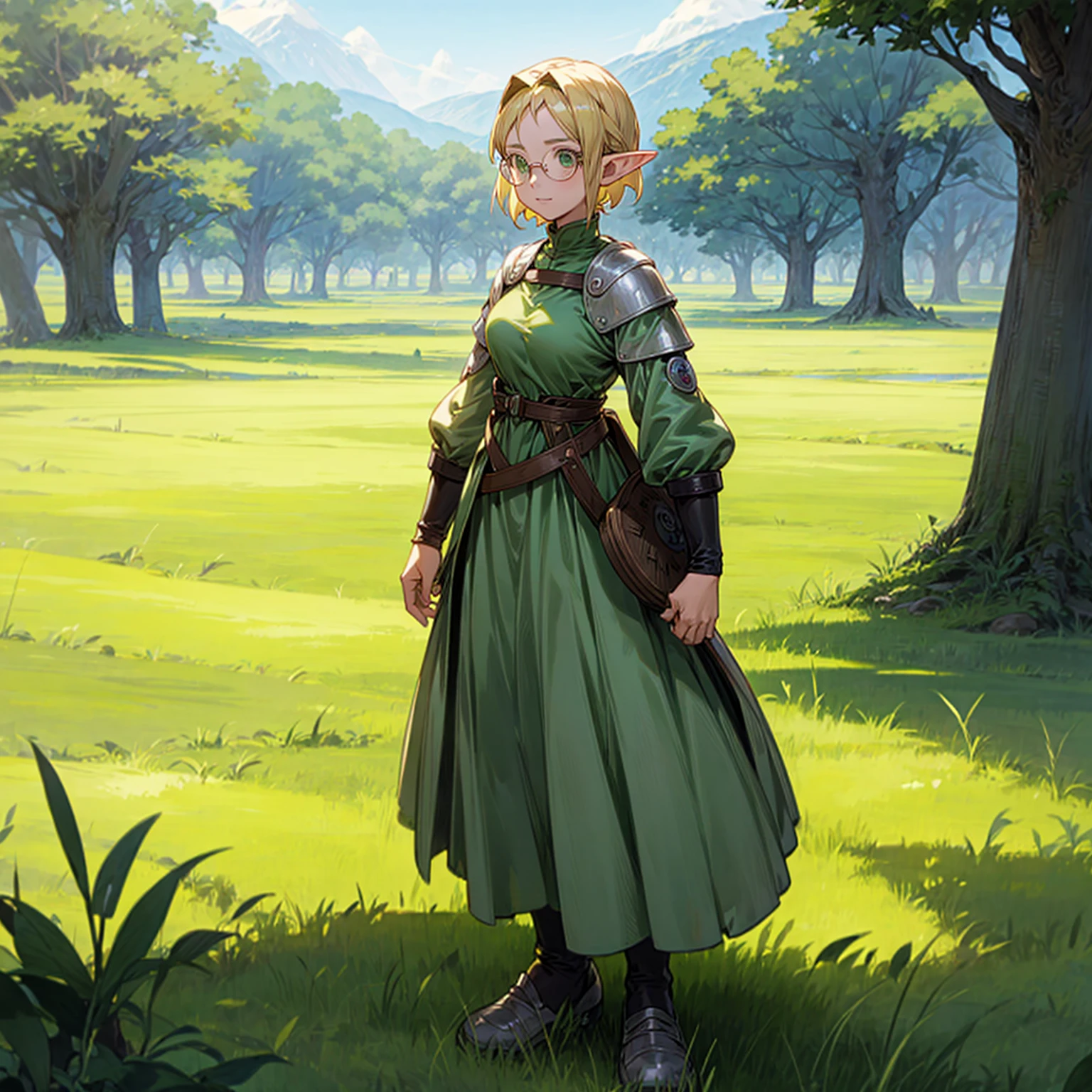 Solo character, full body version, old girl, (elf), green eyes, blonde color hair, short hair, long dress clothing, shoes, outdoor, field, Greenland, medieval, standing gesture, detailed background, detailed clothing, detailed hair, (Hunter x Hunter style art, Doraemon style art), happy, glasses, big breast,