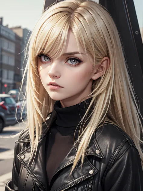 (best quality), 1girl, female, pale skin, (black hair), blonde ombre, medium hair, messy hair, messy bangs, hair over eyes, (bro...