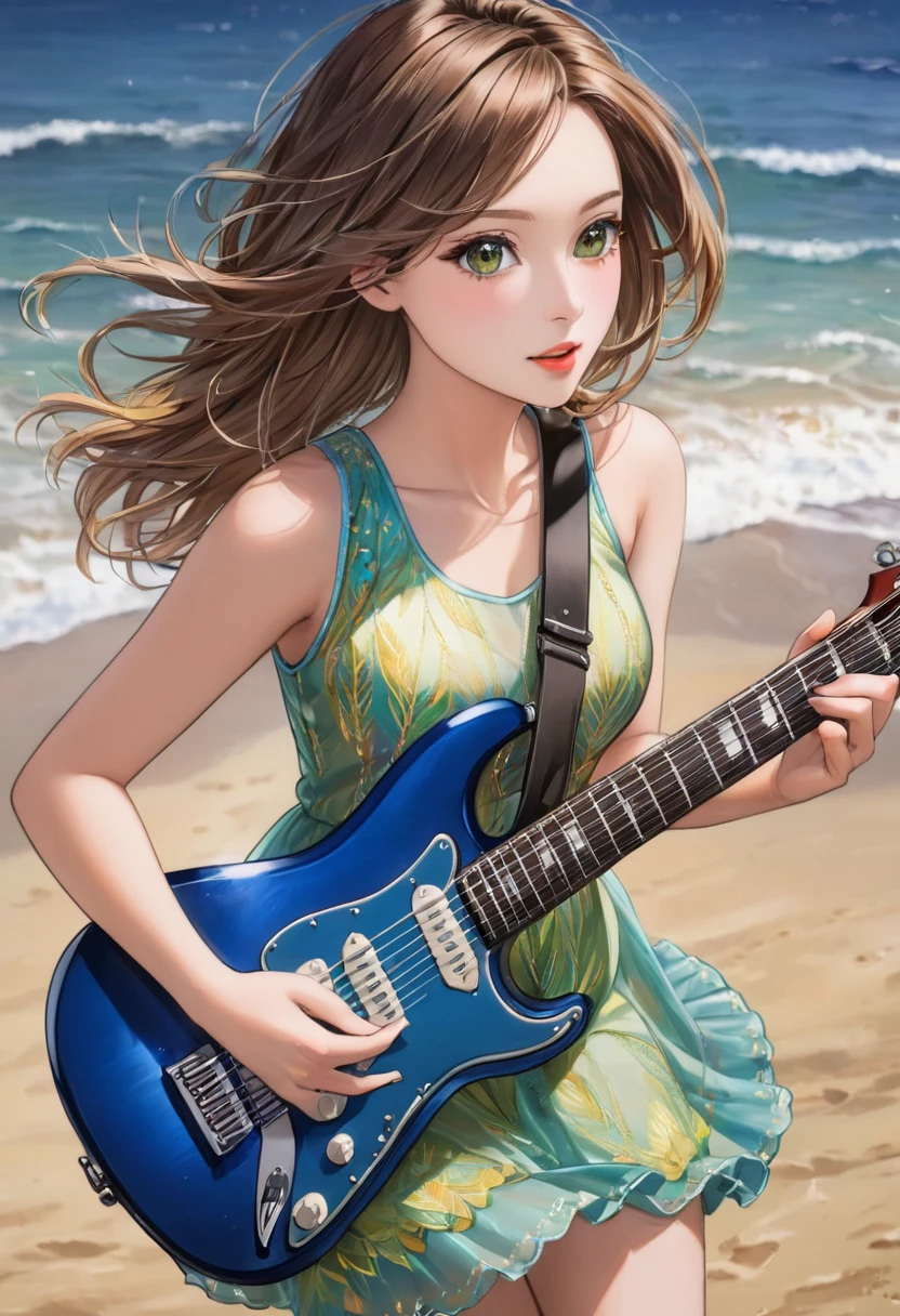 a beautiful woman in a sleeveless dress, elegant dress playing electric guitar, creative, Stage at the seaside、art, colored pencil drawing, detailed face and eyes, long eyelashes, delicate features, serene expression, natural lighting, vibrant colors, intricate textures, 8k, masterpiece, digital art、photorealistic,