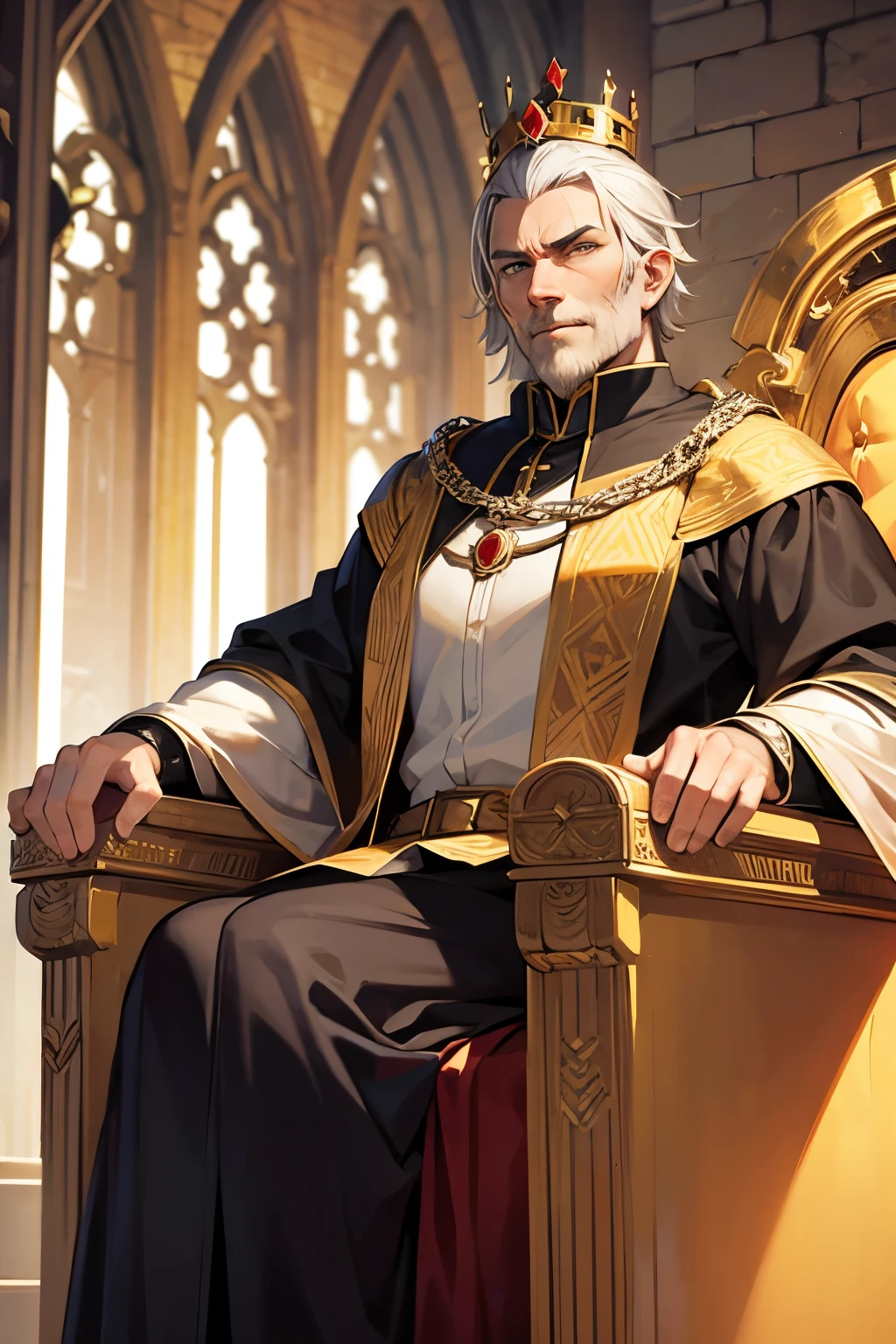 40 year old medieval ugly king, short hair, clean-shaven, looking down sternly at me from his throne, wearing heavy crown, evil smirk