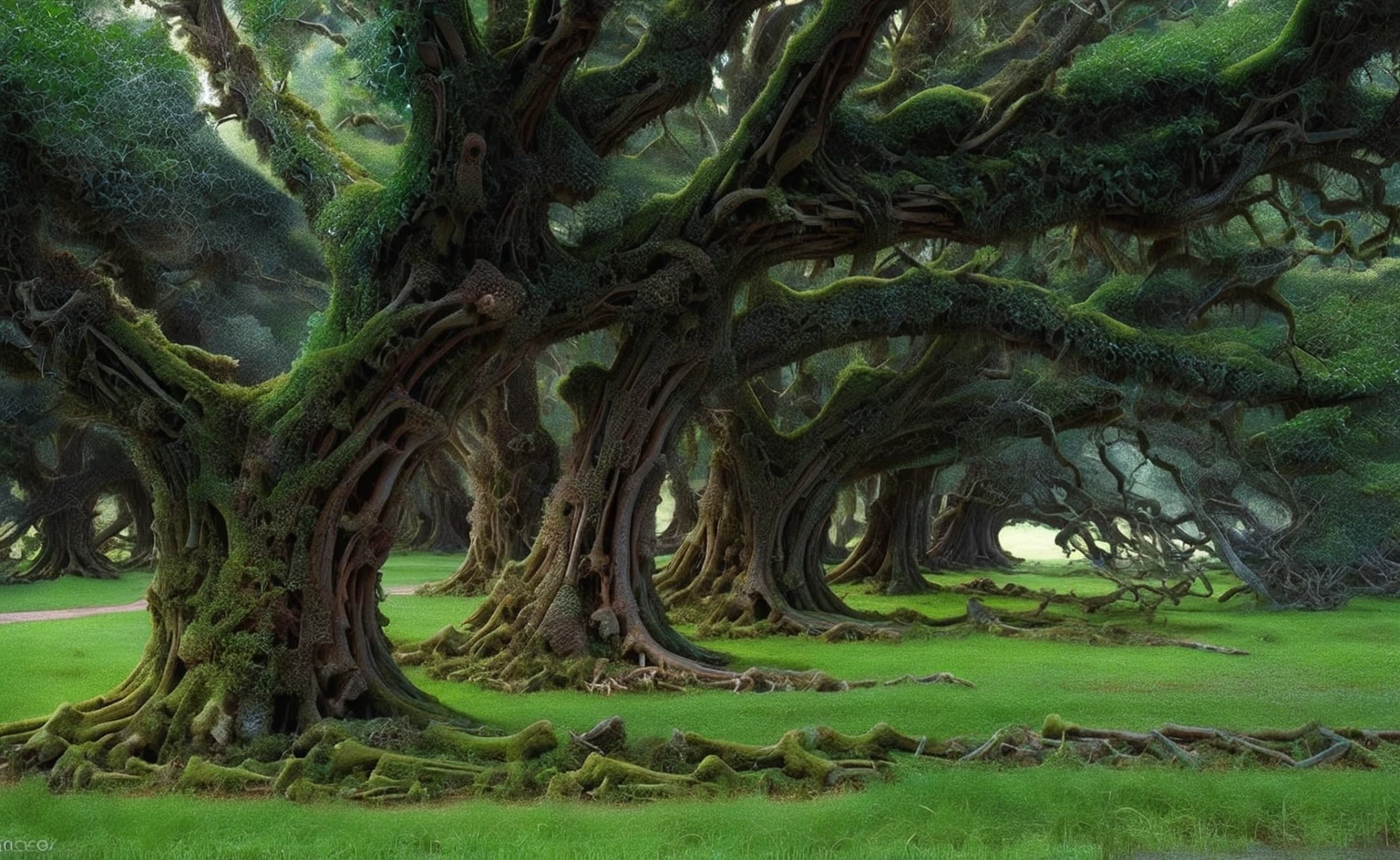 a close-up shot of a row of moss-covered trees, ancient twisted gnarled trees, breathtaking beautiful trees, stunning lush forest, old growth trees, massive green trees, large twisted ancient trees, beautiful old growth forest, trees with human forms, warm windows with thriving foliage, (best quality,4k,8k,highres,masterpiece:1.2),ultra-detailed,(realistic,photorealistic,photo-realistic:1.37),intricate details,vibrant colors,dramatic lighting,cinematic composition