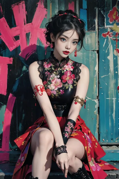 (masterpiece:1.2, best quality), (vogue magazine cover), bold cheongsam reimagined with punk elements, short flared skirt, black...