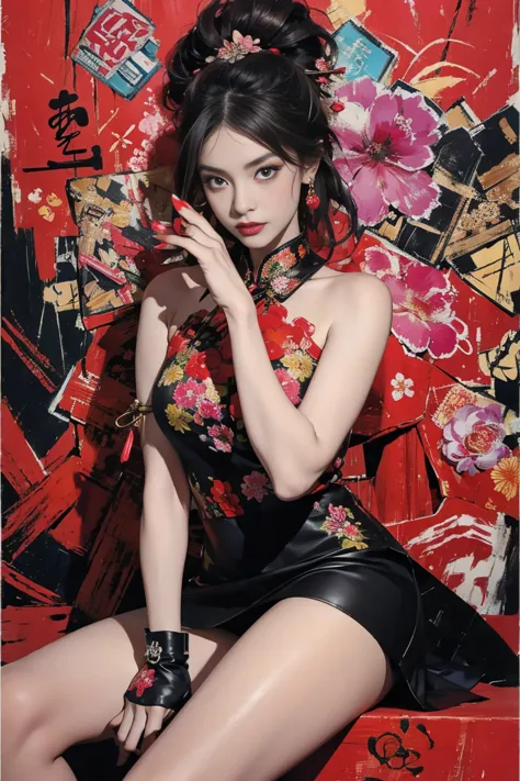 (masterpiece:1.2, best quality), (vogue magazine cover), bold cheongsam reimagined with punk elements, short flared skirt, black...