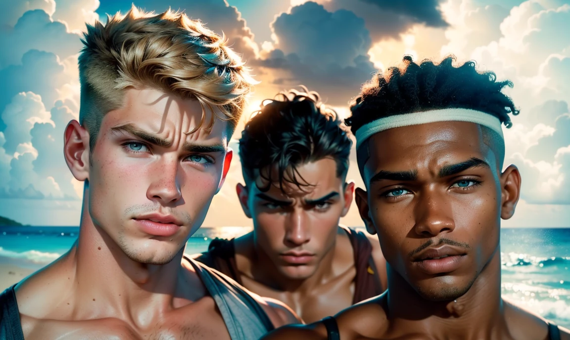 [((highly detailed, detailed eyes, detailed face, clear and realistic facial features, photorealistic, realistic light, cinematic, close up)), ((((3 men, each man looks unique, each man has a different natural hair color, each man has different facial features, each man has different skin color)))), (((sexy male college-age jocks standing on the beach and looking angry or frustrated))), ((wearing casual clothes)), ((beautiful deserted tropical island with a storm in background))]