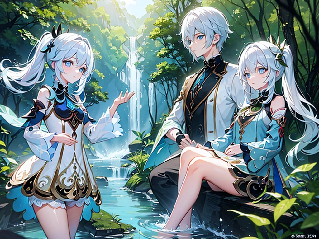 Genshin Impact) a white haired, blue eyed woman wearing a blue outfit in a forest 