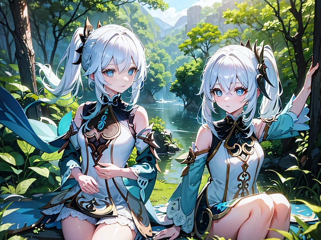 Genshin Impact) a white haired, blue eyed woman wearing a blue outfit in a forest 