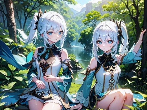 genshin impact) a white haired, blue eyed woman wearing a blue outfit in a forest